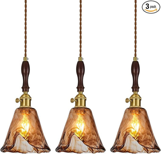 Amber Glass Vintage Pendant Light Height Adjustable Handmade Glass Pendant Lights Kitchen Island Gold Hanging Light Fixture with Wood Handle for Bedroom Dining Room Hotel (3 Pack)