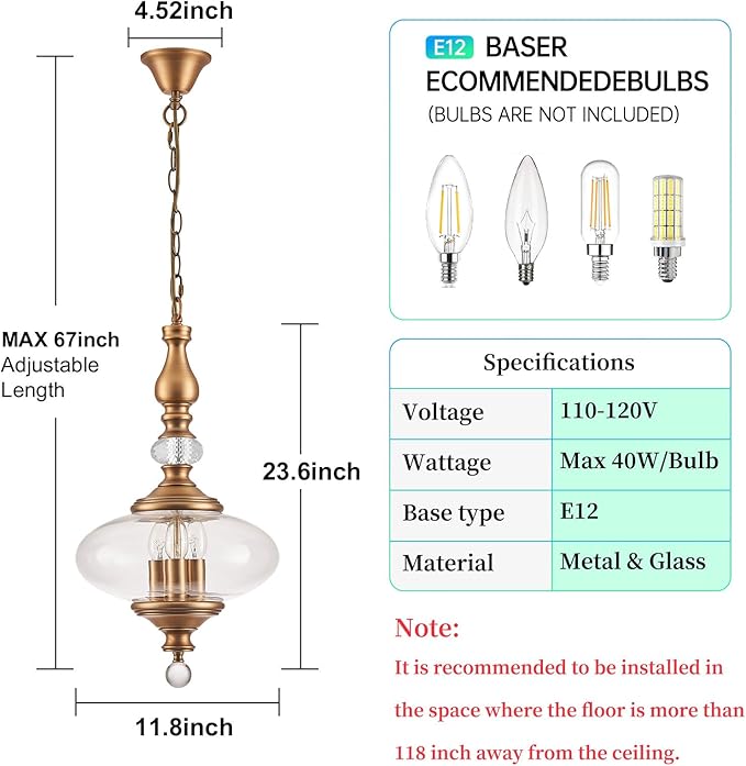 Vintage Kitchen Island Pendant Light Antique Brushed Brass Glass Pendant Light for Kitchens, Dining Rooms Stairs W 11.8 in. H 23.6 in.