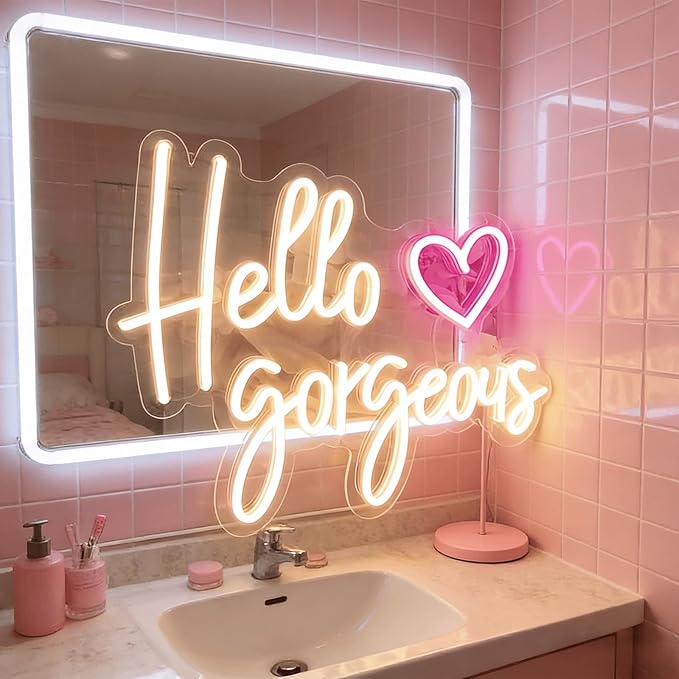 Hello Gorgeous Neon Light for Wall Decor, Pink USB Powered LED Sign with Dimmable Switch, Neon Sign for Home, Wedding, Birthday Backdrop, Party (Warm White)