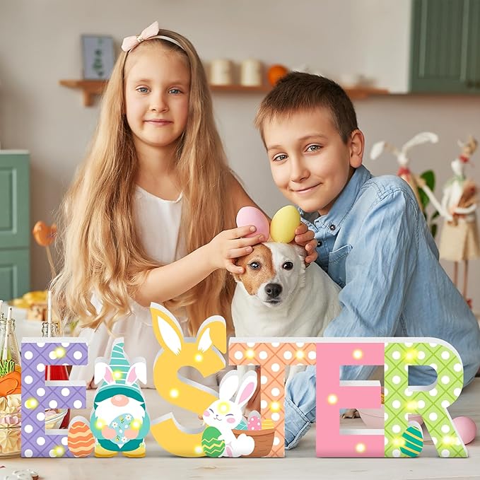 Menkxi Easter Wooden Decoration "EASTER" Letter Table Decor LED Light up Wooden Sign with Bunny and Gnome Tiered Tray Decor for Home Spring Party Room Desk Decoration