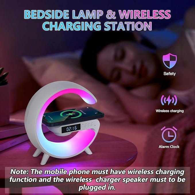 New Wireless Speaker Charger, Atmosphere Light with Wireless Charging Function, Table Lamp, Bedside Lamp with Alarm Clock & Charging Function, Bedroom Bedside Lamp, Gifts (White)