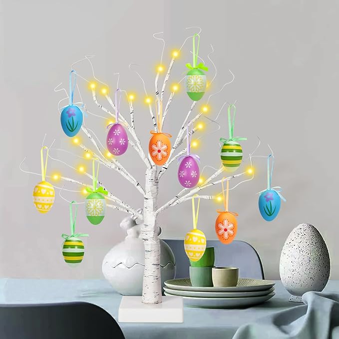 24" Easter Lighted Birch Tree with 12pcs Ornaments,Warm White LEDs Birch Tree Light Tabletop Artificial Tree 8 Lighting Modes USB or Batteries Operated with Timer for Easter Decor