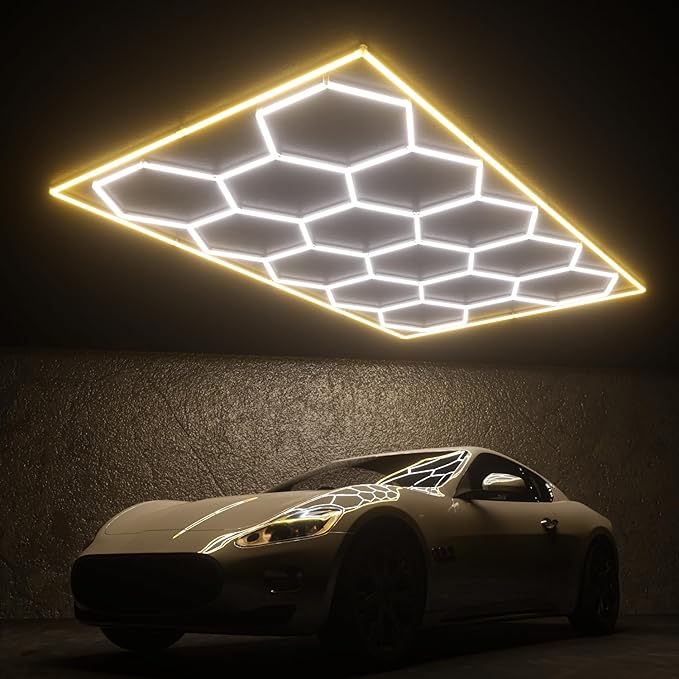 Hexagon Garage Lights, 14 Grids Hexagon LED Lights with Rectangle Frame, 603W 6500K Super Bright Honeycomb Light for Warehouse, Car Detailing Shop, Exhibition Hall, Gym(Orange)
