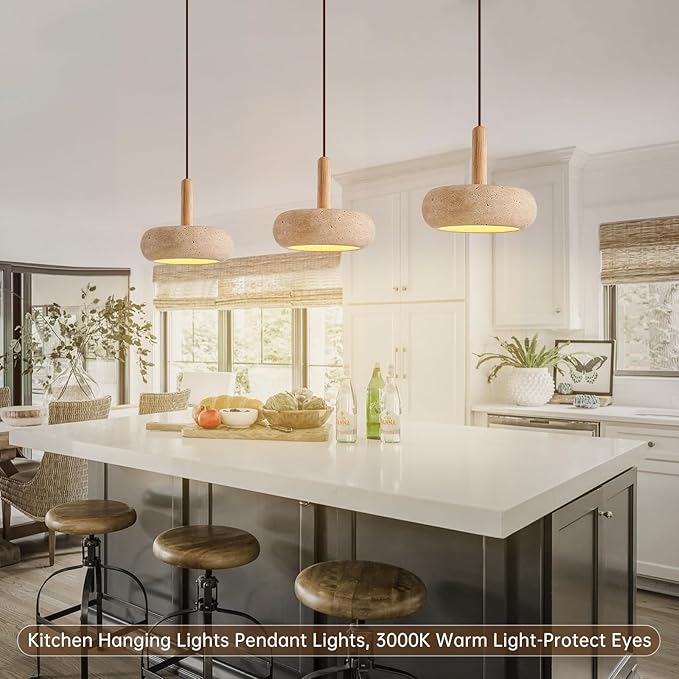 Wabi Sabi Pendant Light Natural Stone Shade, 7" Kitchen Island Hanging Lighting Fixture, Yellow Travertine Pendant Lights, 18W Coastal Wabi Sabi Marble Wood Chandelier for Dining Room Bedside Hallway