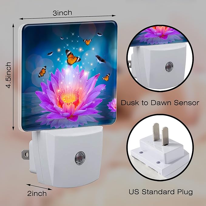 Purple Lotus Flowers Butterflies Night Light for Kids,Glowing Lotus Butterfly Night Light Plug in with Dusk to Dawn Sensor,0.5w Energy Saving Nightlight for Hallway Stairway Kitchen Bedroom