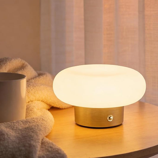 Cordless Table Lamp, Gold Rechargeable Battery Operated Lamp, Stepless Dimming Touch Lamp with Glass Lampshade for Bedroom, Living Room, Dining Table, Nightstand, Shelf Decor