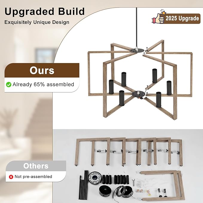 6 Light Farmhouse Chandelier, Dining Room Light Fixture with Wood Grain Painted, Metal Geometric Ceiling Light Rustic Hanging Pendant Lights with E12 Base for Kitchen Island Entryway Foyer, Indoor