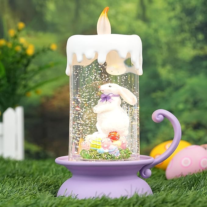 Easter Snow Globe Bunny Lantern with Swirling Glitter, USB & Battery Operated Easter Decorations for Home, Spring Tabletop Gifts