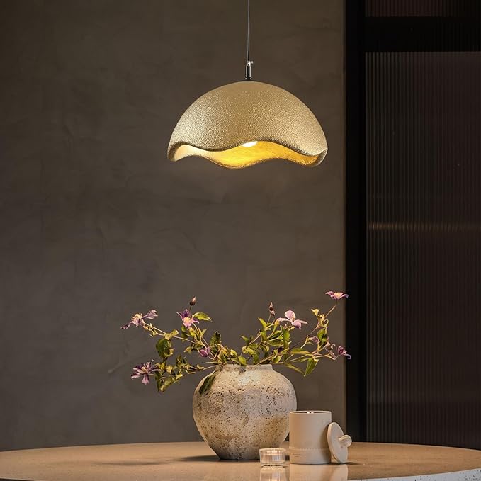 JAYMP 15.7" Modern Pendant Light for Dining Room Kitchen Island Light Hanging Lamp E26 Base Japanese Wabi-Sabi Style Bird Nest Shape Lighting Fixture, 1 Pack (Matte Gold,D Shape, 40cm/15.7inch)