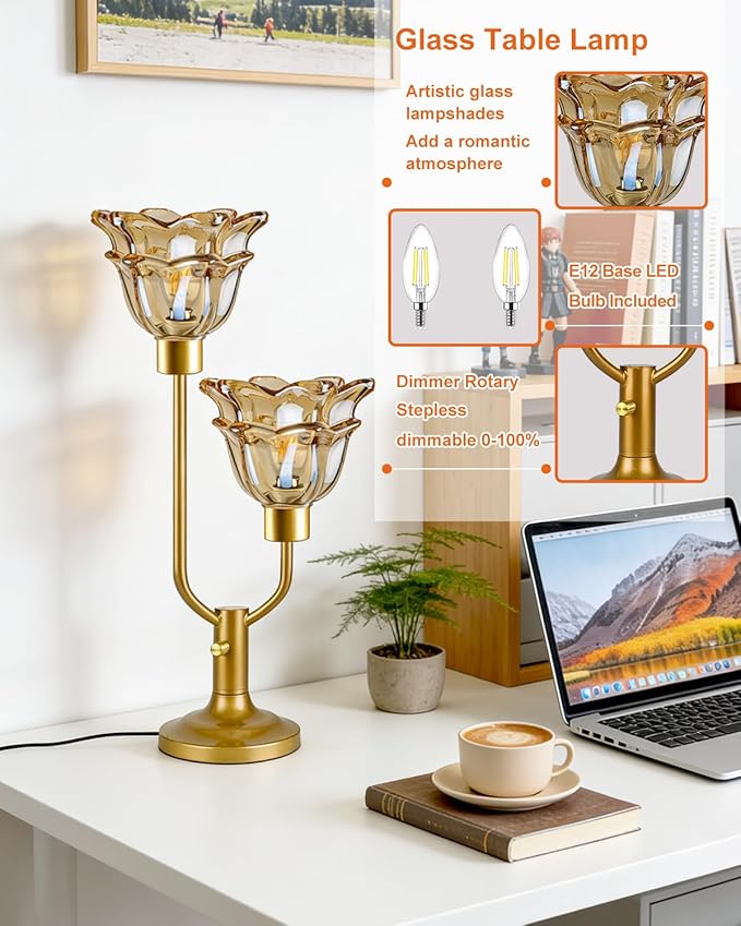Lightdot Mid Century Modern Flower Table Lamp Gold Dimmable U-Shaped Brown Glass Desk Lamps with 2Pcs 3000K Warmwhite Bulbs Included Bedside Nightstand Lamp for Living Room Bedroom