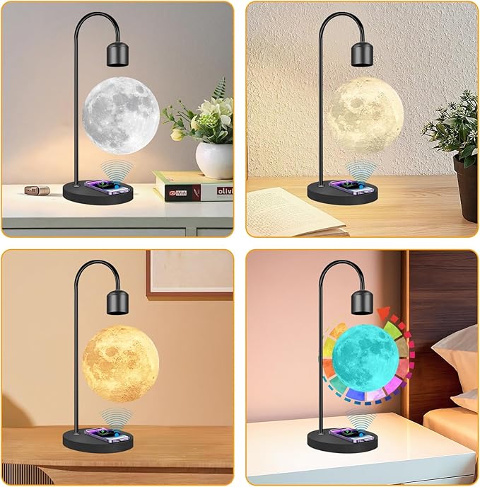 Magnetic Levitating Moon Lamp with Wireless Charging Base, 16M+ Swichable Colors, 3D Printed Floating LED Night Light for Bedroom Decor