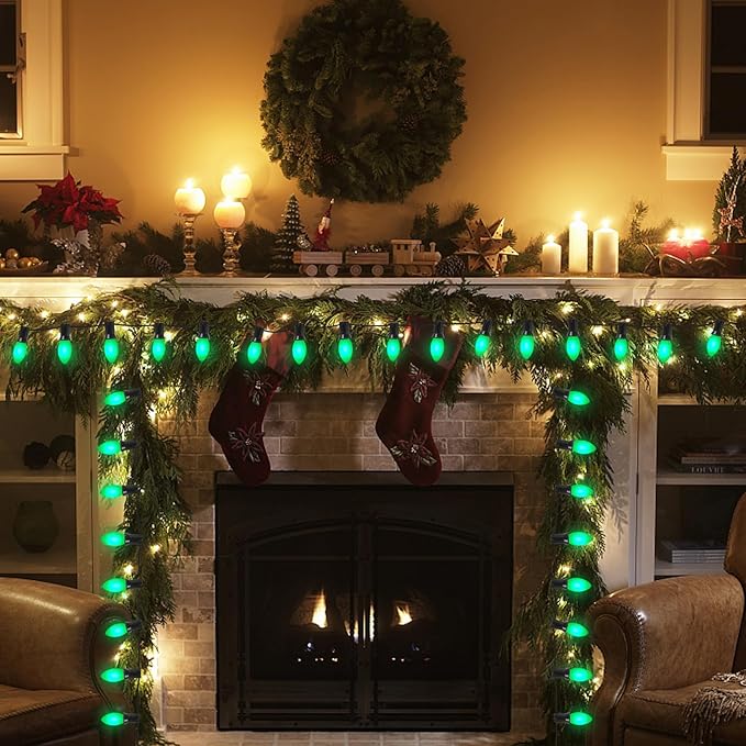 25 Pack C9 LED Green Christmas Light Bulbs, Shatterproof C9 Replacement Bulbs for Outdoor Christmas String Lights, 0.6W LED Night Lights Bulb, E17 Intermediate Base, 2700K Warm White- Green