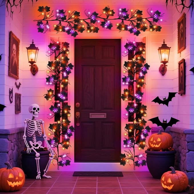 Halloween Garland with Lights, 6FT 54 LED Pumpkin Bat Willow Vine Twig Light Orange Purple Indoor Halloween Lights Decorations, 8 Modes Mansion Fireplace Wall Halloweens Light Up Garland for Mantle