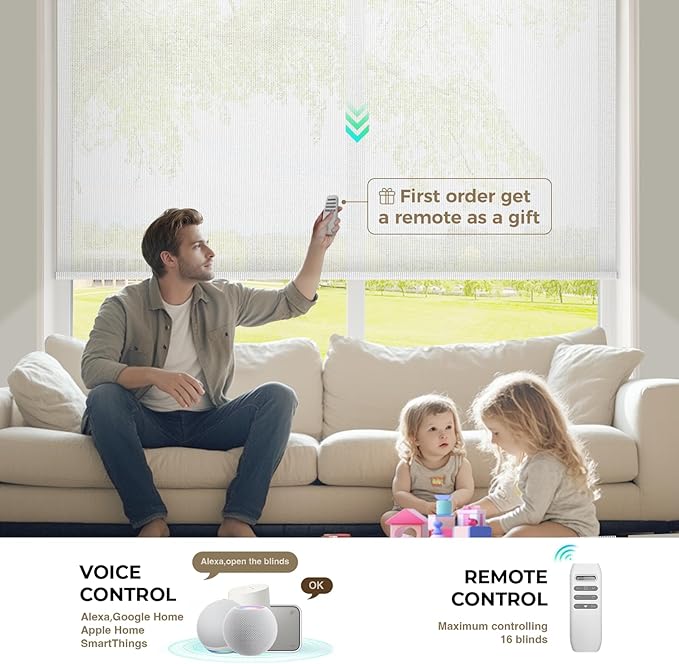 HeyBlinds Motorized Roller Shades, Smart Blinds for Windows, Remote Automatic Window Shades, Electric Shades, Light Filtering, Compatible with Alexa Google Apple Home (Sunbeam-Perla White LF)