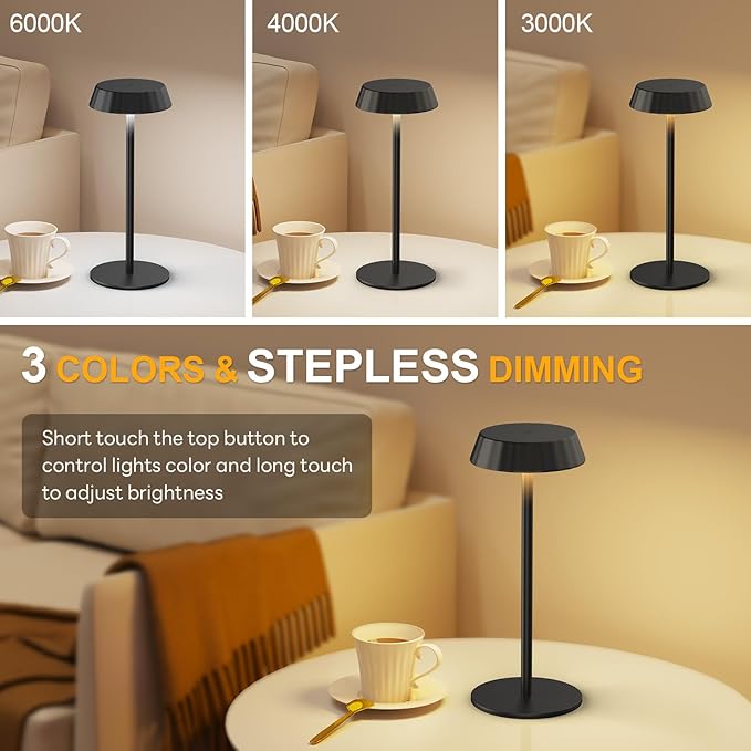 EppieBasic Cordless Table Lamp Rechargeable: Portable & Minimalist Design - 2700K Warm Light Metal Lamps for Living Room, Dining, Corner Table - Black