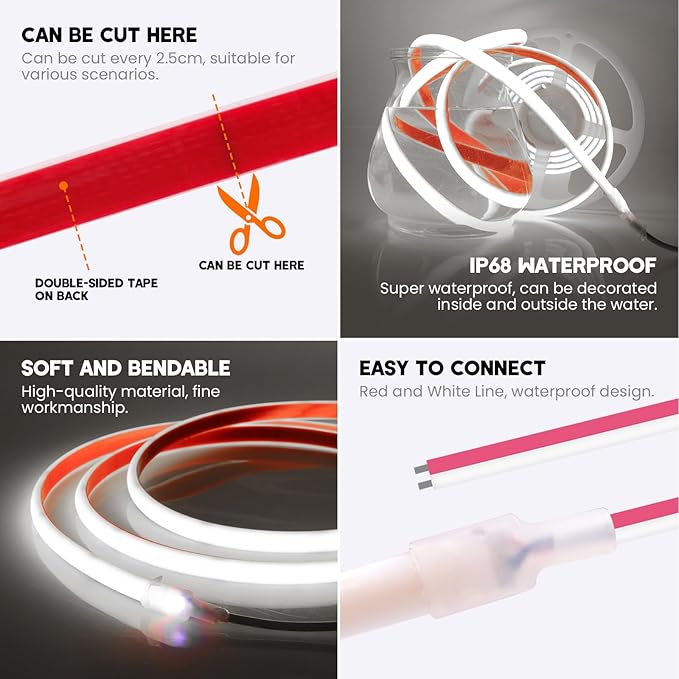 24V COB Neon Strip, 320LEDs/m Ultra-Bright Flexible COB Neon LED Strip, Outdoor Waterproof IP68 Self-Adhesive Tape, Red/White 2-Wire LED Fairy Lights for Patio, Christmas（White,18M）