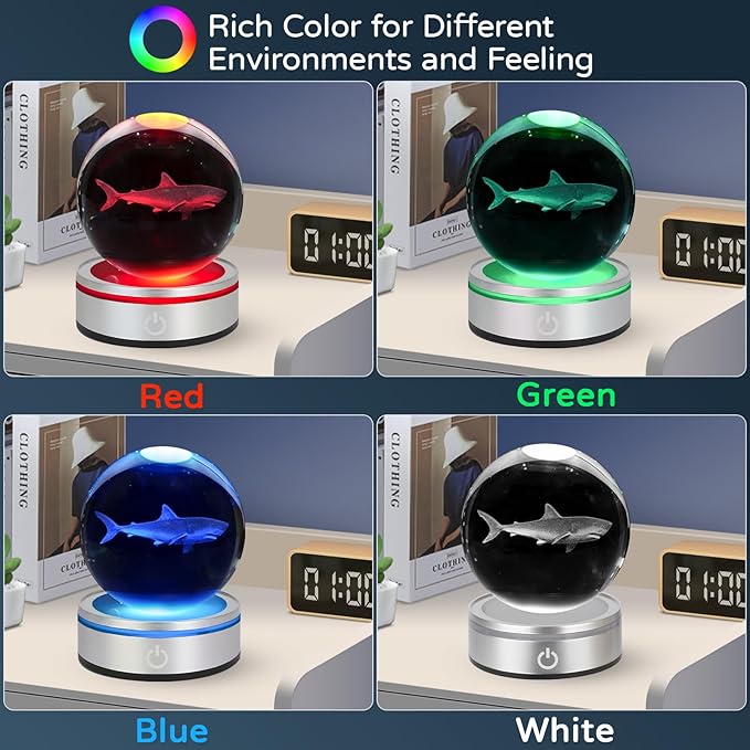 3D Shark Crystal Ball Night Light With LED Colorful Lighting Touch Base 3.15 In Glass Sphere Lamp for Birthday Christmas, Cool Toy Gift for Boys Girls Kids Figurine Home Decor