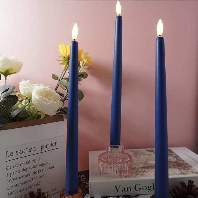 Navy Blue Flameless Taper Candles with Remote Timer, Flickering Battery Operated LED Candlesticks Set of 12