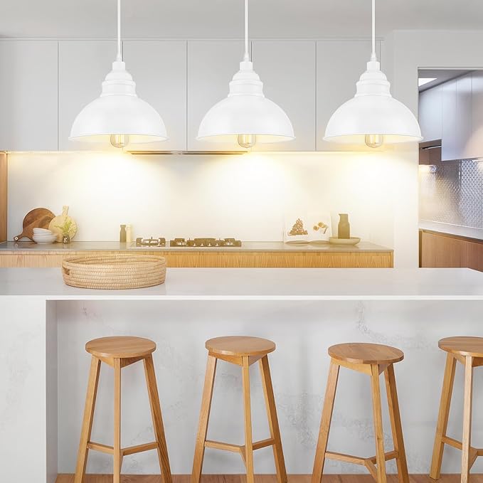 Plug in Pendant Light, 15FT Hanging Lights, On/Off Switch, Industrial Pendant Light with Plug in Cord, Metal Hanging Lamps for Living Room, Kitchen, Dining Room White