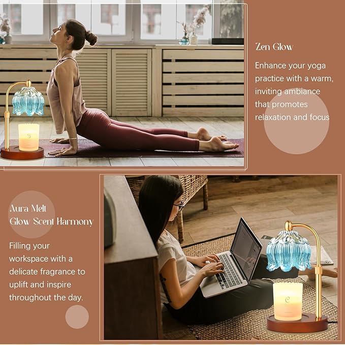 Adjustable Flower Candle Warmer Lamp with Timer, Lotus Tulip Glass Warmer Light for Jar Candles, Electric Wax Warming Melter, Gifts for Women Mom, Vintage Bedroom Decor (Blue)