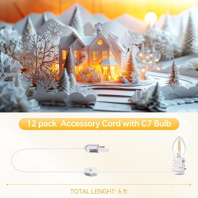 Enhon 12 Pack C7 Accessory Cord with LED Bulb, Each 6 ft Blow Mold Light Cords with On/Off Switch for Christmas Village House Halloween Pumpkin Holiday Ceramic Tree and Craft Projects
