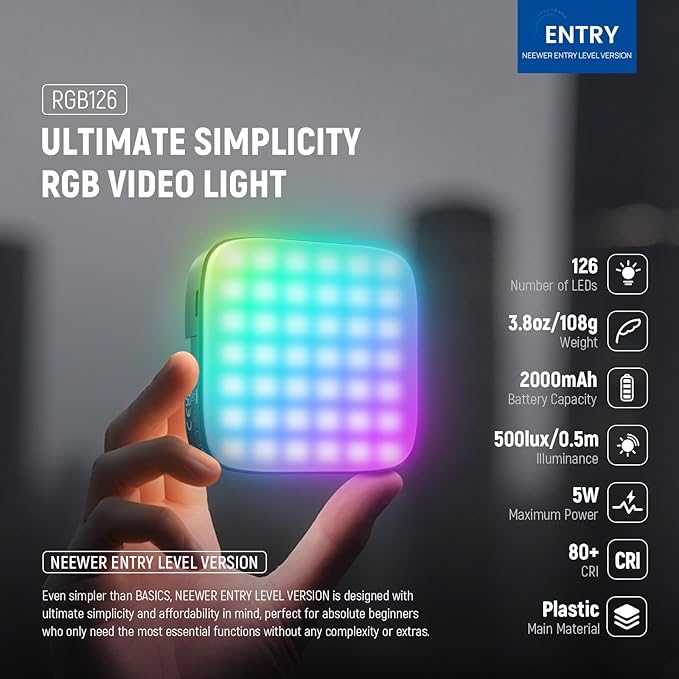 NEEWER Entry Level Version Magnetic RGB Camera Light, 126 LEDs Clip on Portable Small Panel Lighting, 2000mAh 3000-9000K CRI80+ 10 Effects 3 Cold Shoes 1/4" for Tripod Video Recording Selfie, RGB126