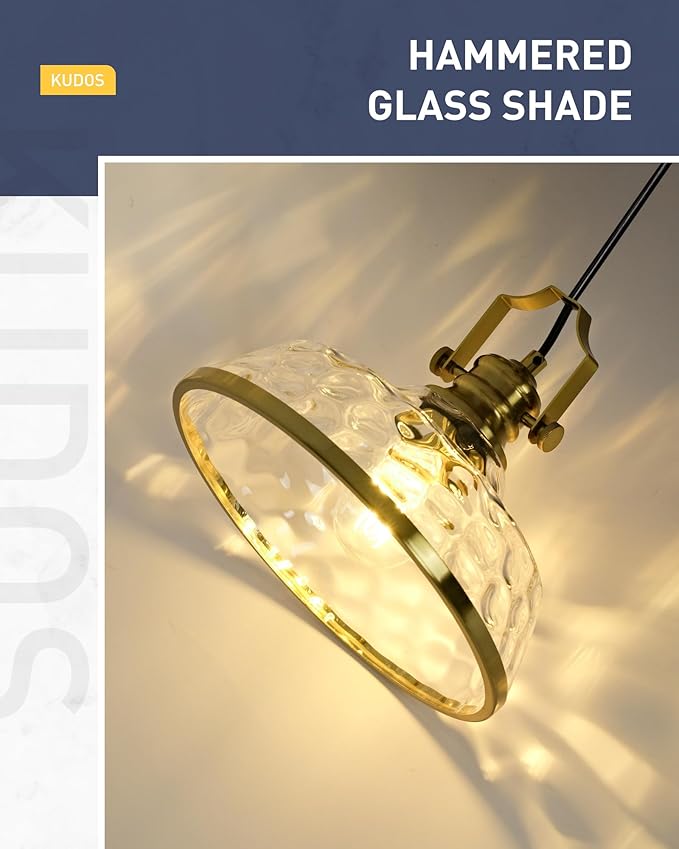 kudos 2 Pack Gold Pendant Lights Kitchen Island, 11" Brass Kitchen Island Lighting with Hammered Glass Shade, Farmhouse Hanging Light Fixture for Kitchen Sink Dining Room Hallways, KDPL13-GD-H-2PK