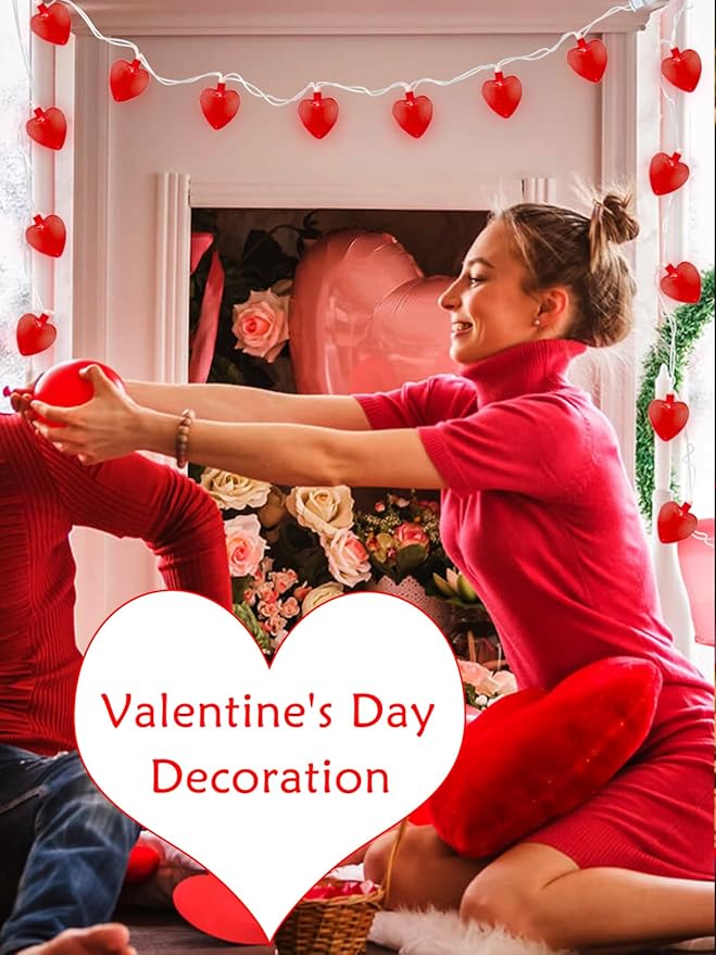 SUNSGNE Red Heart String Lights Valentines Lights, 8.5FT Plug in Fairy String Lights with 10 LED Red Heart Bulbs for Indoor Outdoor Home Room Party Wedding Valentine's Decor, White Wire