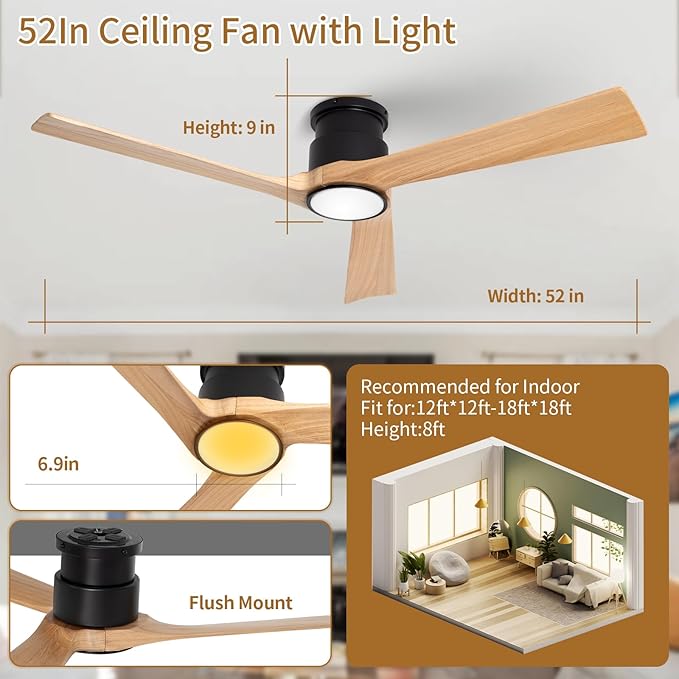 Ceiling Fan with Lights Flush Mount,52 Inch Wood Ceiling Fans with Remote Control Noiseless Reversible DC Motor 6 Speed Timer for Bedroom,Living Room