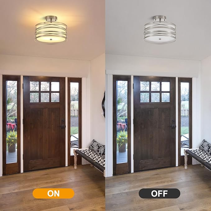 Drum Semi Flush Mount Ceiling Light Fixture Vintage 12.2" Modern Farmhouse 2-Lights Linen Drum Ceiling Lighting Rustic Chrome Ceiling lamp for Dining Room, Bedroom, Laundry Room