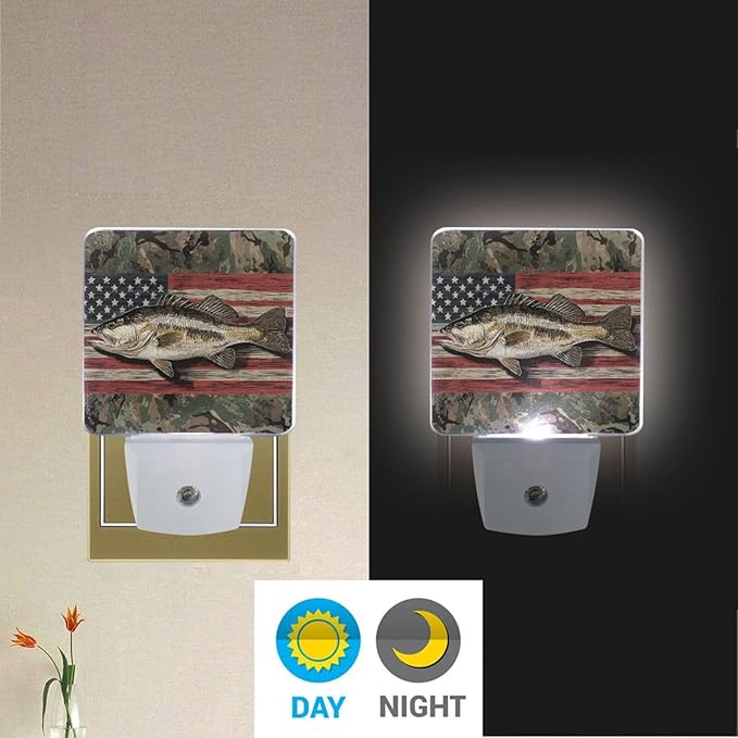 Camo Fish Night Light 2 Pack Dusk to Dawn Sensor Led Lamp for Women Retro American Flag Men Night Lights Plug into Wall Decor for Bedroom Kitchen Bathroom Corridor, 0.5W