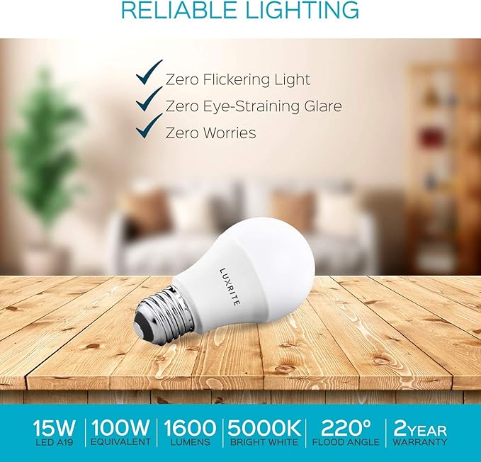 LUXRITE A19 LED Light Bulb 100W Equivalent, 5000K Bright White Non-Dimmable, 1600 Lumens, Standard LED Bulb 15W, E26 Medium Base, UL Listed, Perfect for Table Lamps and Home Lighting (6 Pack)