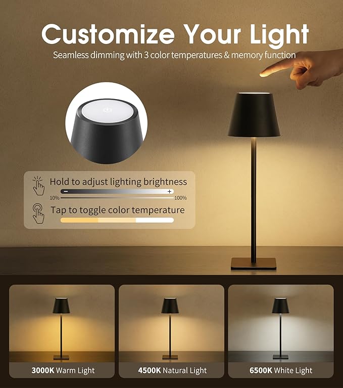 UME 3 Pack Cordless Table Lamp, Battery Operated Lamp - Portable Waterproof Rechargeable Table Lamp w/ 3 Color Temps & Stepless Dimming for Dinner, Desk, Cafe, Outdoor (Black)