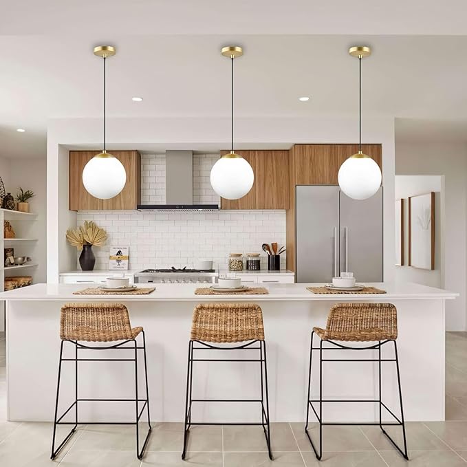 KoKo&Yukina 8 Inch Gold Modern Globe Pendant Light White Glass with Brass Finish Contemporary Mid Century Adjustable Hanging Light Fixture for Living Room Bedroom Bathroom Kitchen (Bulb Incl.)