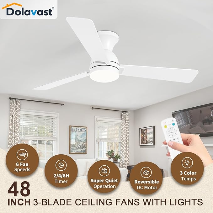 Ceiling Fans with Lights, 48 inch Low Profile Ceiling Fan with Light and Remote Control, Flush Mount, Reversible, 3CCT, Dimmable LED, Noiseless, White Ceiling Fan for Bedroom, Dining Room