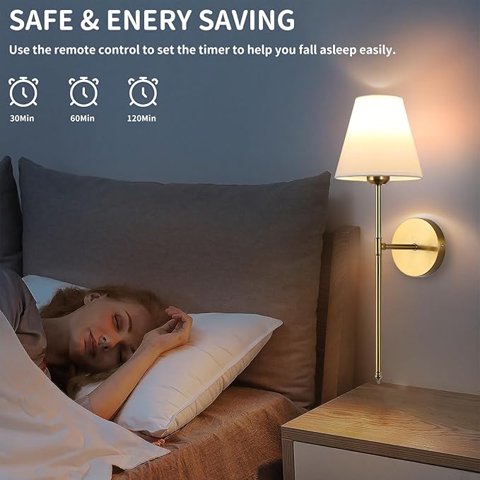 Battery Operated Wall Sconce Set of 2, 15 Colors Wireless Wall Light With Dimmable Remote Control Last 18-50 Hours, Gold Rechargeable Wall Lamp With White Fabric Shade For Living Room Bedroom Hallway