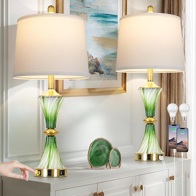Green Glass Table Lamp Set of 2 with USB C+A Ports & AC Outlet, Bedside Lamp, Modern Bedroom Lamps, Coastal Lamp for Night Stands Bedroom Living Room,Nightstand Lamp LED Bulbs Included