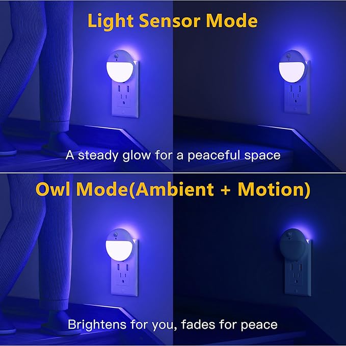 2 Pack Plug in Night Light with Motion Sensor and Dusk to Dawn Sensor, Stepless Dimming, Blue LED Nightlight with 3 Lighting Ways for Bathroom, Bedroom, for Girls, Boys, Adults