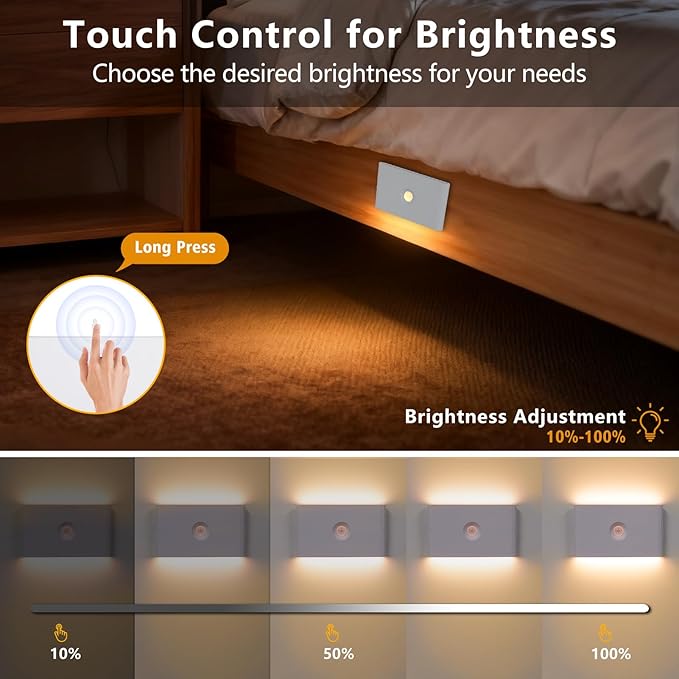 Motion Sensor Night Light, Rechargeable Battery Night Light, 3000K-6500K Magnetic/Stick-on Closet Lights, Dimmable Stair Lights for Bedroom Kitchen Hallway Stairs (2 Pack)