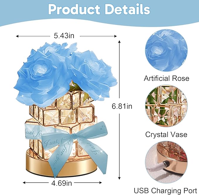 ONXE Romantic Rose Gifts for Girlfriend Wife Her,Rechargeable Cordless Touch Crystal Table Lamp,3-Colour Infinitely Dimming Small Night Light,Valentine's Day Anniversary Birthday Wedding Decor