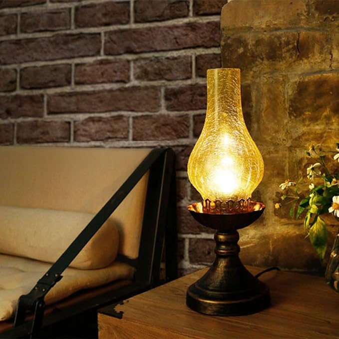 Medieval Vintage Antique Bedside Hurricane Table Lamp，Victorian Retro Amber Glass Lanterns Desk Lamp-Brown Antique Copper
