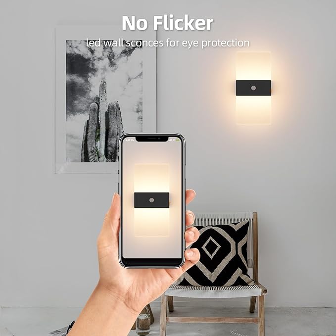 Wireless Motion Sensor Indoor Wall Sconces Set of 2, Morden Battery Acrylic LED Wall Lantern, Cordless Decorative Wall Lamps for Porch Patio Hallway Bedroom Living Room(Black)