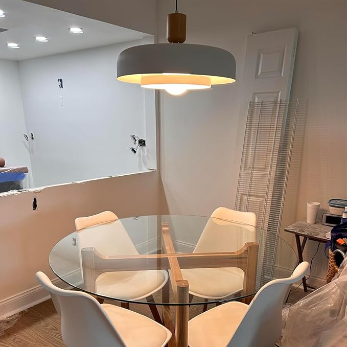 Modern Large Pendant Light 19.68 inch, 2 Tiers Soft Cream Shades, Natural Wood and Brass Accent, Mid Century Chandelier for Dining Room, Living Room