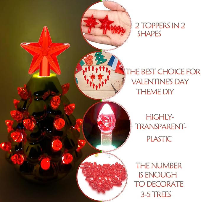 Red Replacement Lights Bulbs for Ceramic Christmas Tree, Mini Flame Light Ornaments for Ceramic Tree, Small Twist Pegs Accessories for Crafts, 2 Stars Treetopper＆177 Bulbs Set