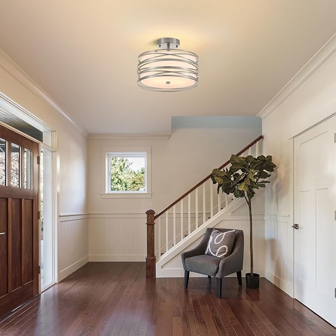 Drum Semi Flush Mount Ceiling Light Fixture Vintage 12.2" Modern Farmhouse 2-Lights Linen Drum Ceiling Lighting Rustic Chrome Ceiling lamp for Dining Room, Bedroom, Laundry Room