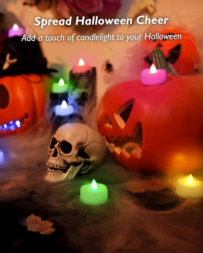 Flameless Candles, 12-Pack Color Changing Tea Lights Candles Battery Operated, Long-Lasting 200+ Hours Flameless Tealight Candles for Halloween Christmas Holiday Decor, 1.5'' D X 1.25'' H