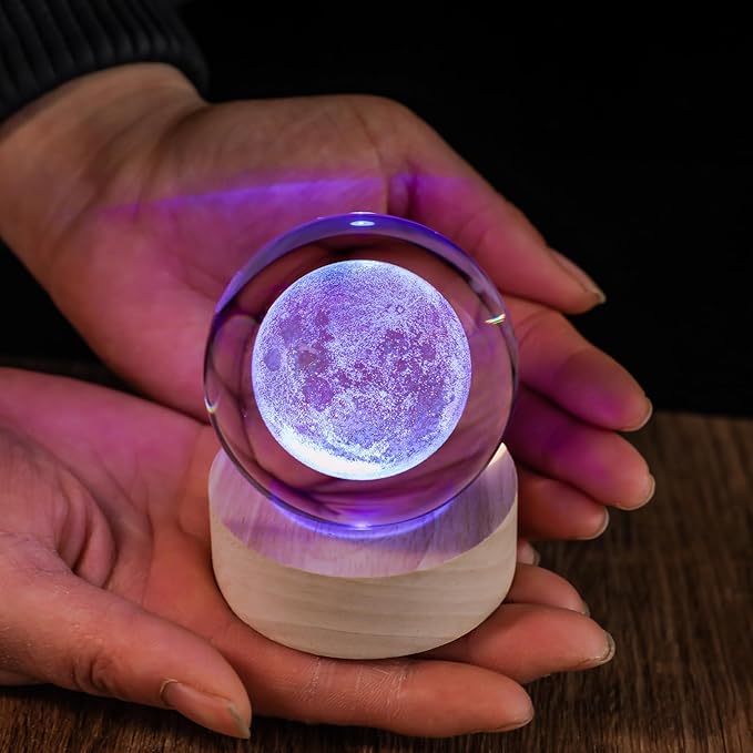 3D Moon 60mm Crystal Ball Astronomy Universe Gifts 3D Moon Model Led Lamp Globe Night Light Physics Gifts for Kids Men Women Him Her Dad Science Teacher