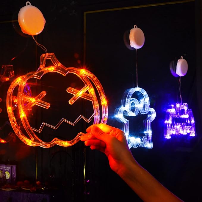 LOLStar Halloween LED Lights Decorations 2025 Orange Pumpkin White Ghost Purple Bat Window Display with Suction Cups, Battery Operated Window Decor Slow Fade Mode and Timer 3-Pack