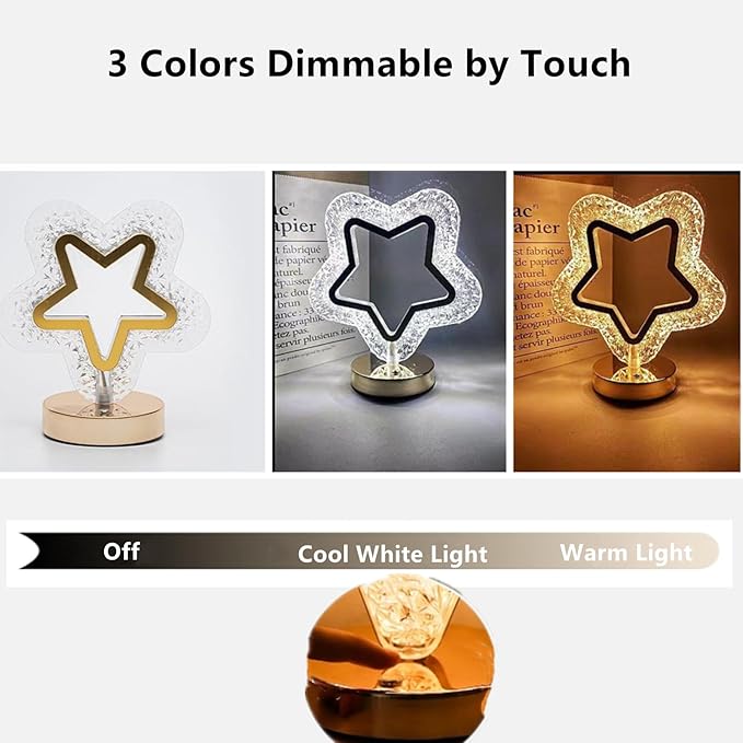 Crystal Table Lamp, Touch Control Nightstand Night Light, USB Rechargeable Bedside Light for Bedroom Living Room Desktop Bar Cafe Office Indoor Decoration (Pentagram)(Pentagram)