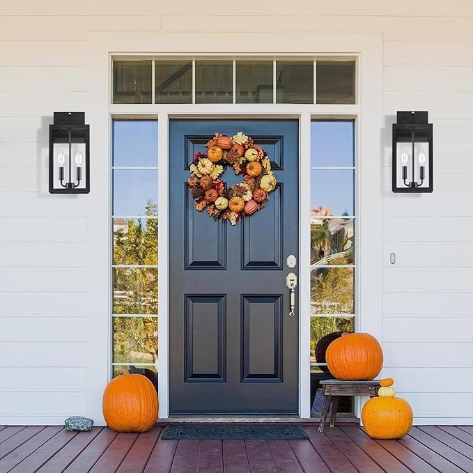 15.4" Dusk to Dawn Black Outdoor Wall Lantern 2-Light, Outside Modern Wall Sconce Light Fixture, Industrial Porch Light with E12 Sockets, Waterproof Exterior Lamp Lighting, 1 Pack